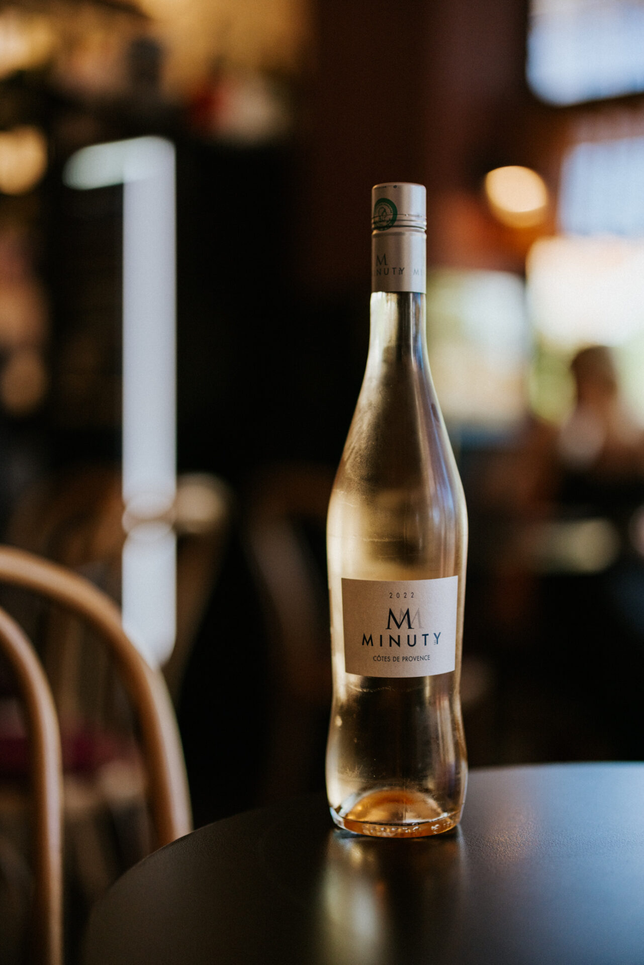 An unopened bottle of 2022 Minuty M Rosé on a table at Bar Vino, Mount Lawley