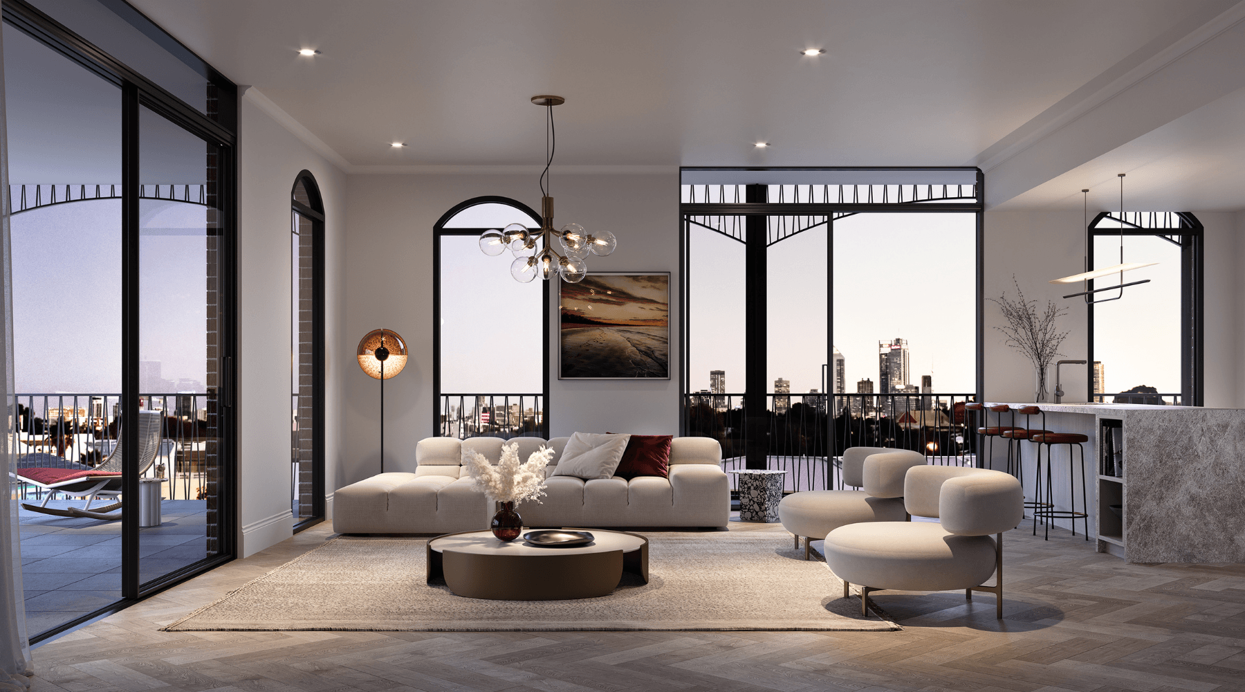 Internal Render of living space and kitchen of the Penthouse at No.7 Field Street in Mount Lawley