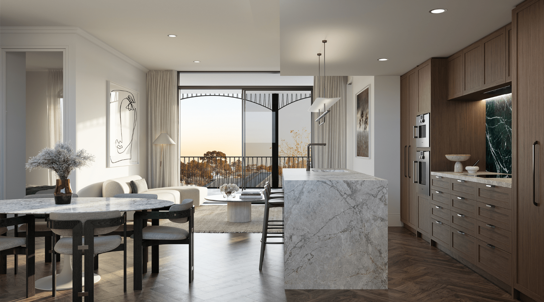 Internal Render of dining room and kitchen of an apartment at No.7 Field Street in Mount Lawley