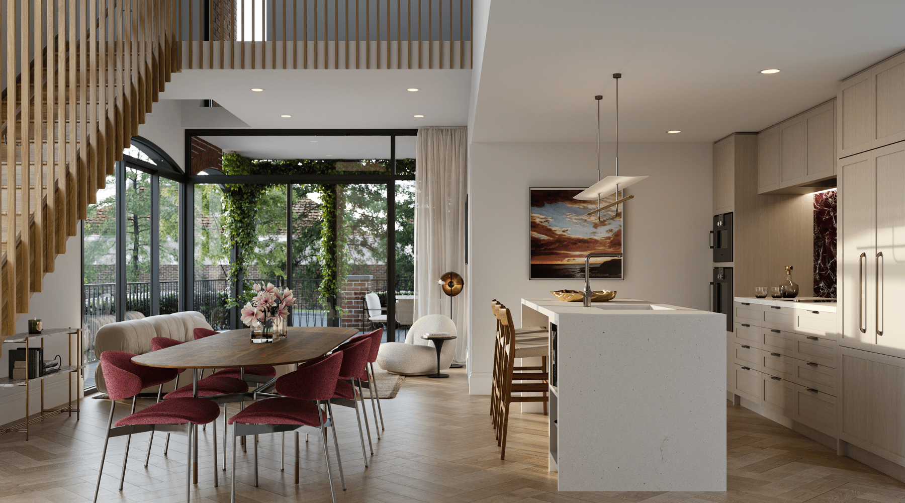 Internal Render of living space and kitchen of a No. 7 Field Street townhome