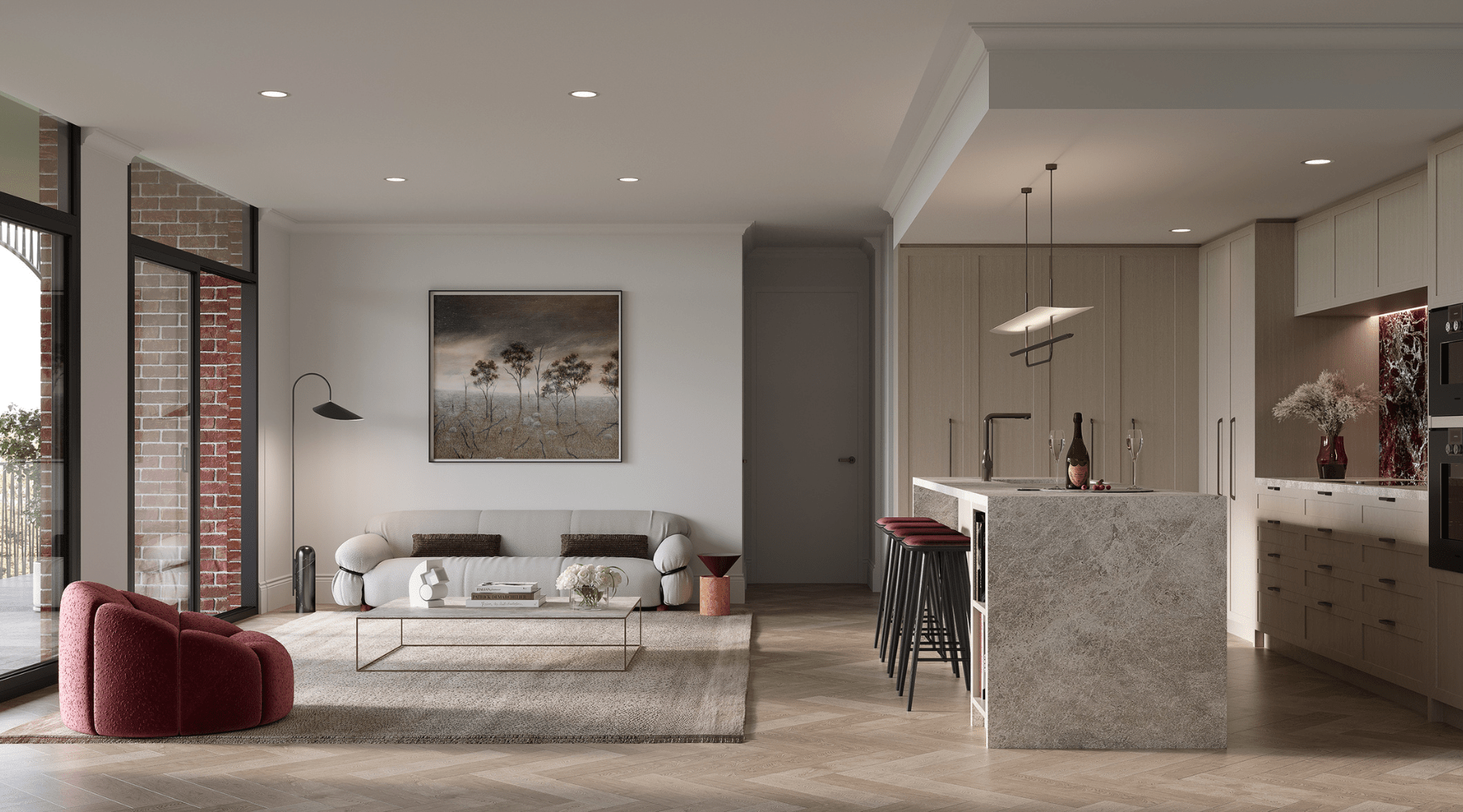 Internal Render of living space and kitchen of an apartment at No.7 Field Street in Mount Lawley