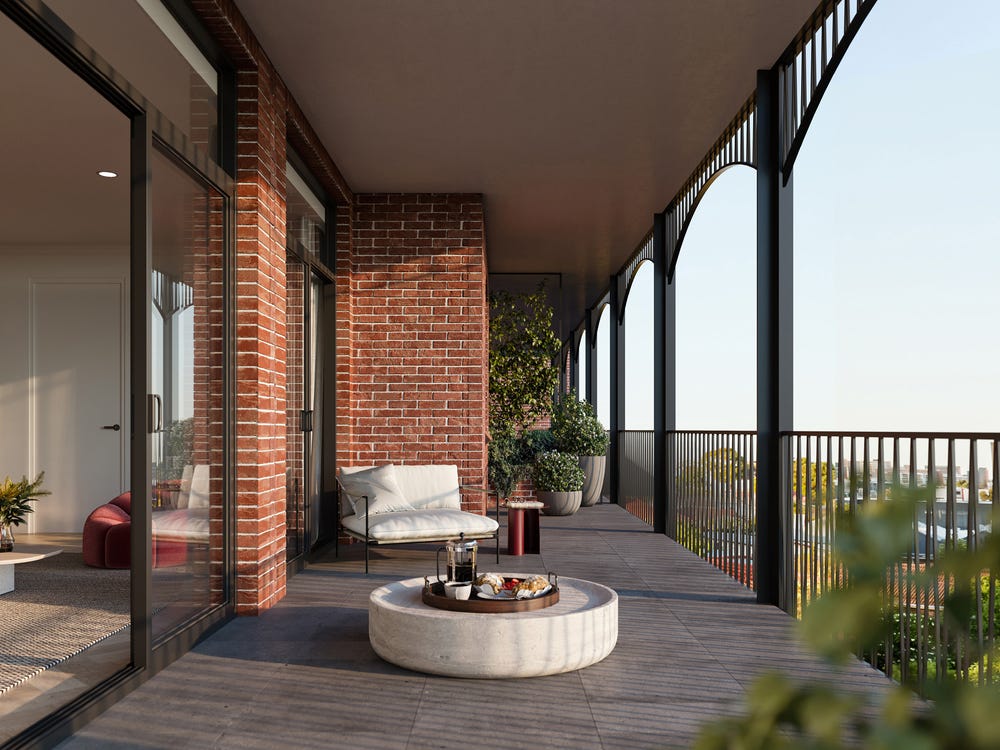 Render of balcony, small table and armchair at Field Street Apartments in Mount Lawley.